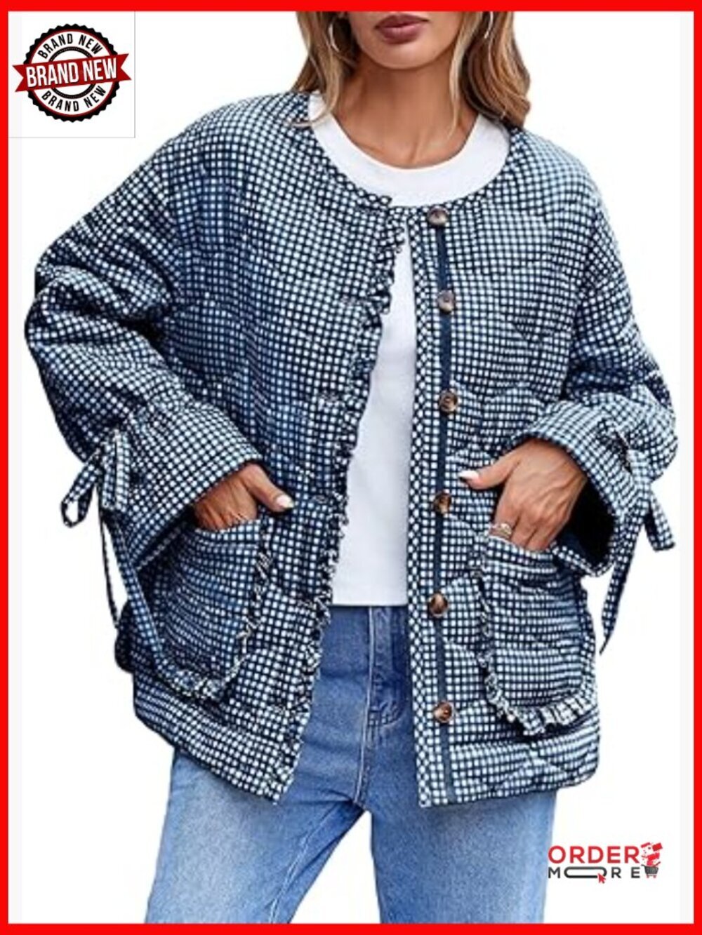 Lightweight Plaid Quilted Puffer Jacket Bow Button Down Coat